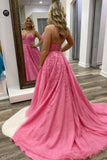 A-line Pink Lace Evening Dresses Appliques V Neck Prom Dress