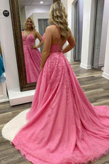 A-line Pink Lace Evening Dresses Appliques V Neck Prom Dress 2024