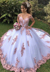 A-line Princess White Wedding Dresses Blush Lace Off the Shoulder - MyChicDress