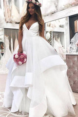 A-line Ruffles Tulle Beach Wedding Dresses Long V-Neck Straps Sleeveless