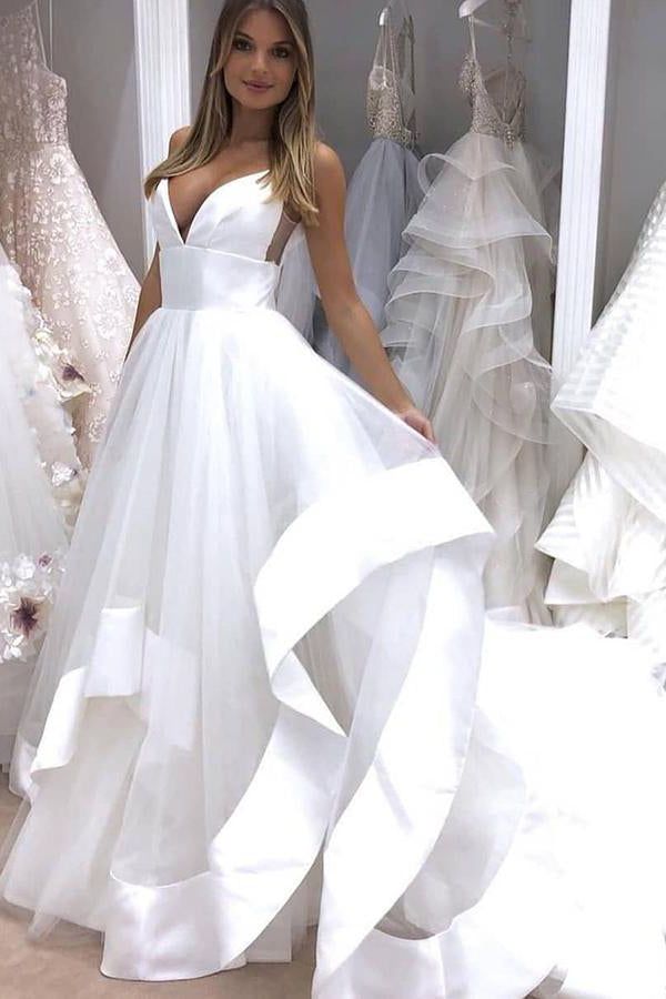 A-line Ruffles Tulle Beach Wedding Dresses Long V-Neck Straps Sleeveless - MyChicDress