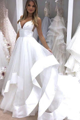 A-line Ruffles Tulle Beach Wedding Dresses Long V-Neck Straps Sleeveless