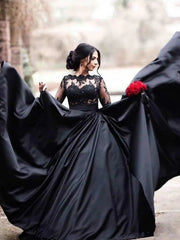 A-line Satin Black Wedding Dress Long Sleeve Illusion Lace Scalloped - MyChicDress
