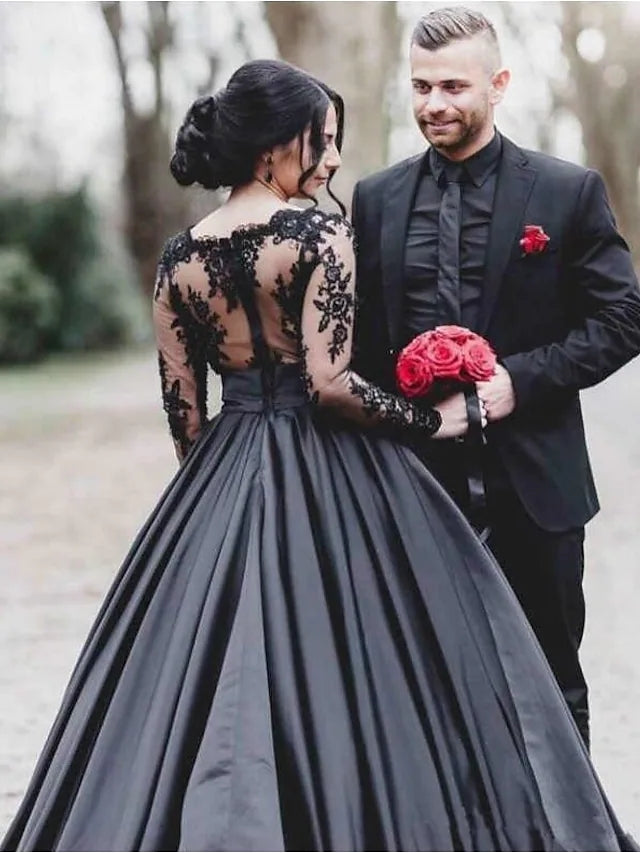 A-line Satin Black Wedding Dress Long Sleeve Illusion Lace Scalloped - MyChicDress