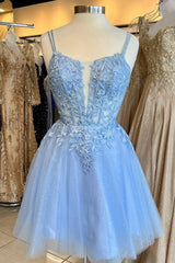 A-line Short Blue Homecoming Dresses Straps Lace Princess Graduation Dress