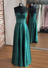 A-line Silk like Emerald Green Satin Prom Dresses 2024 Ruched Pleated