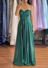 A-line Silk like Emerald Green Satin Prom Dresses 2024 Ruched Pleated