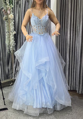 A-line Tiered Formal Dresses Blue Lace V Neck Prom Dress Appliqued