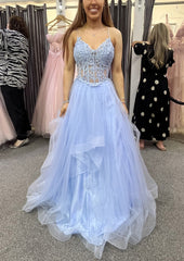 A-line Tiered Formal Dresses Blue Lace V Neck Prom Dress Appliqued