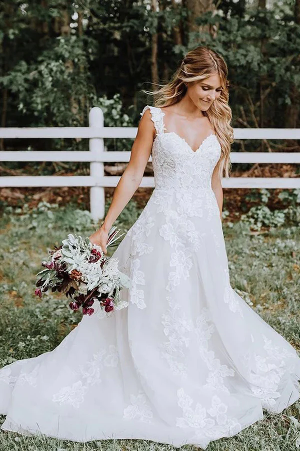 A-line White Forest Wedding Dress Lace Tulle V-neck - MyChicDress