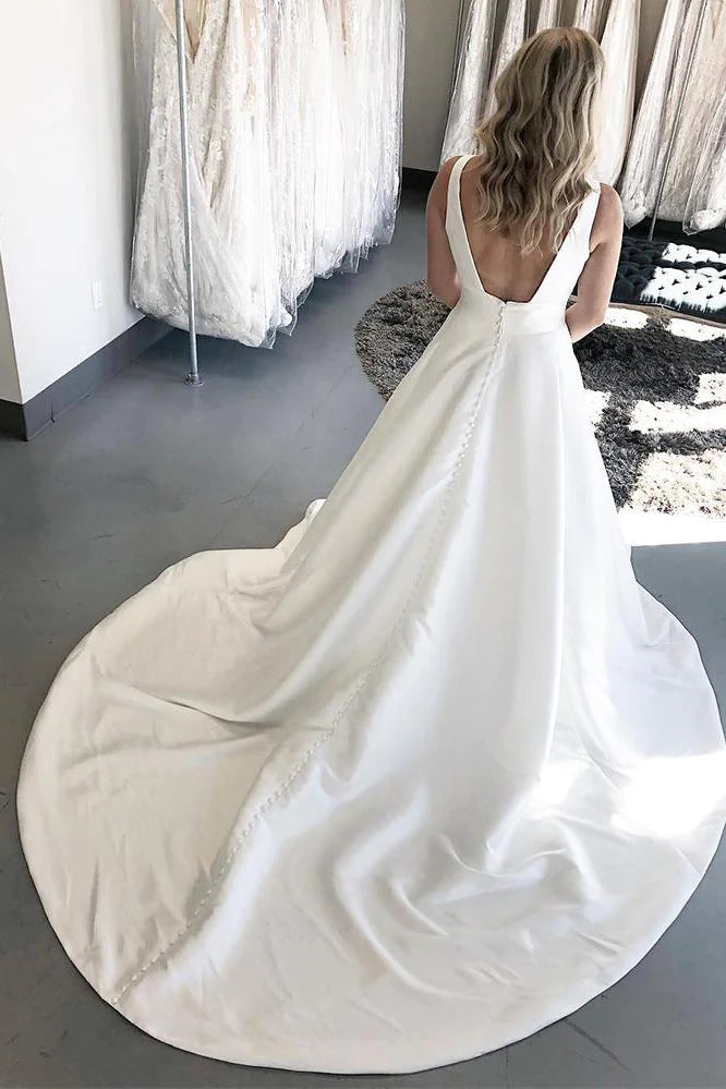 A-line White Satin Wedding Dress Minimalist V-Neck Backless with Pockets - MyChicDress