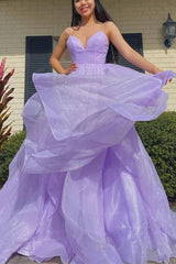 A-line Tiered Lilac Prom Formal Dresses Sweetheart Sleeveless