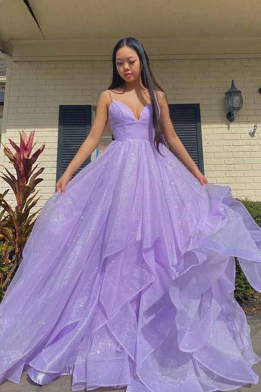 A-line Tiered Lilac Prom Formal Dresses Sweetheart Sleeveless