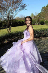 A-line Tiered Lilac Prom Formal Dresses Sweetheart Sleeveless
