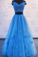 A Line 2 Piece Blue Prom Dresses Off-the-shoulder Long Formal Gown
