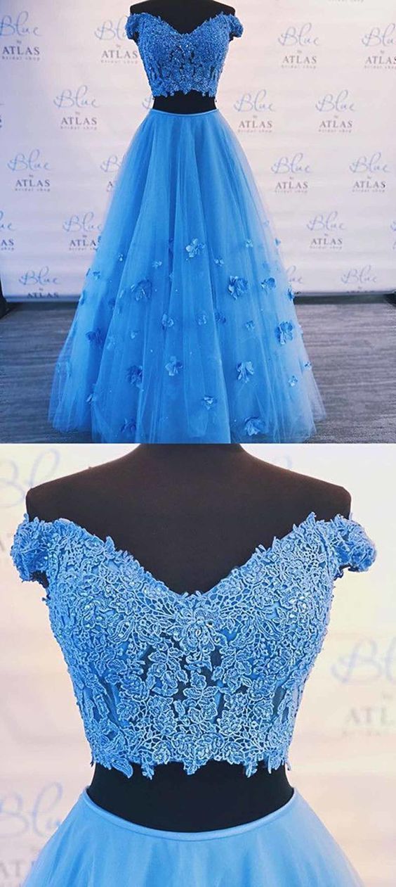 A Line 2 Piece Blue Prom Dresses Off-the-shoulder Long Formal Gown - MyChicDress