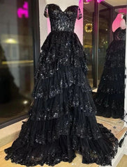 A Line Black Lace 2025 Prom Dresses Tiered Sequins Off the shoulder - MyChicDress