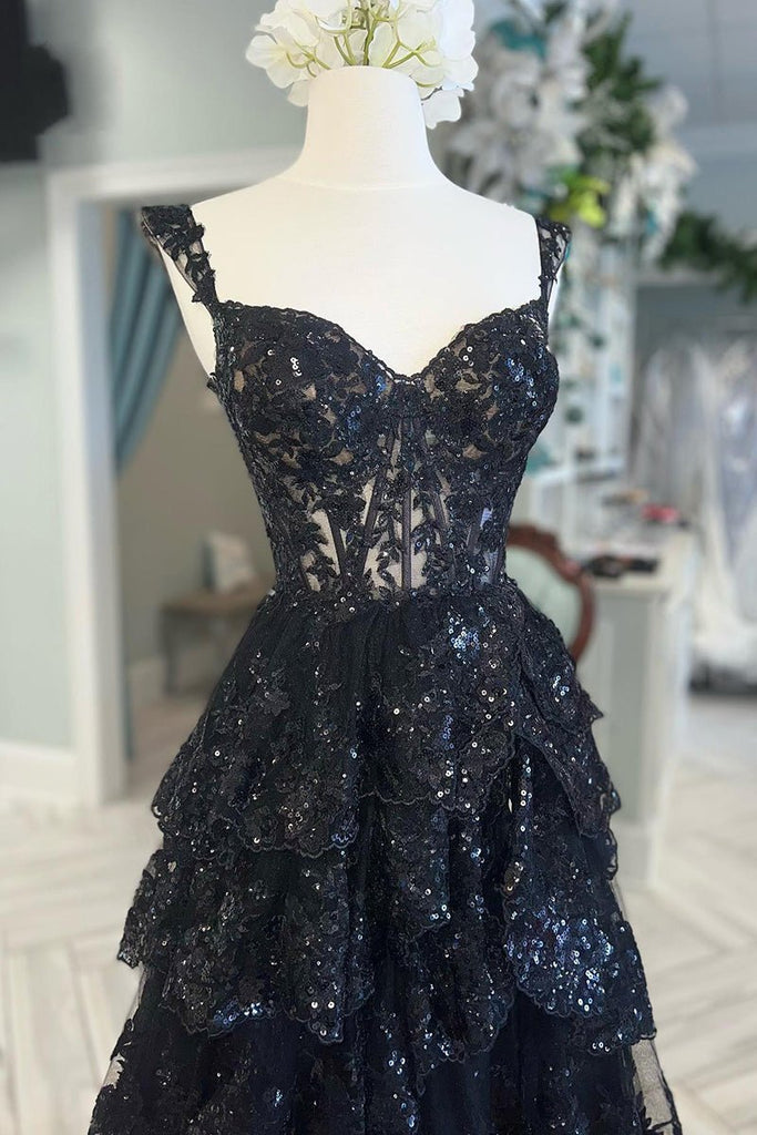 A Line Black Lace Prom Dresses Tiered Sequins Off the shoulder