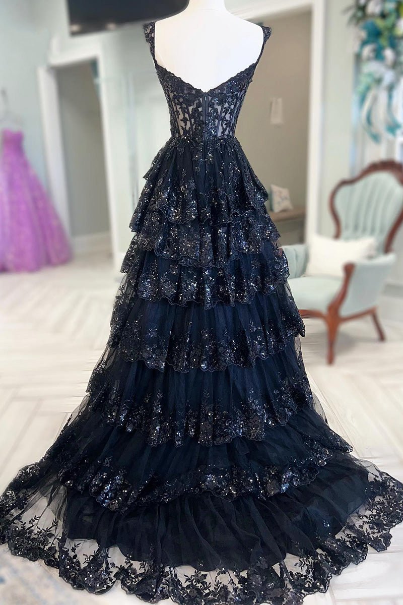 A Line Black Lace Prom Dresses Tiered Sequins Off the shoulder