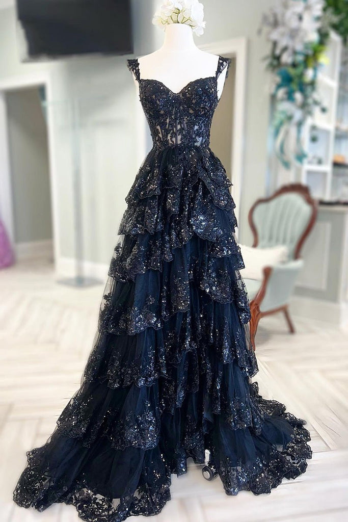 A Line Black Lace Prom Dresses Tiered Sequins Off the shoulder