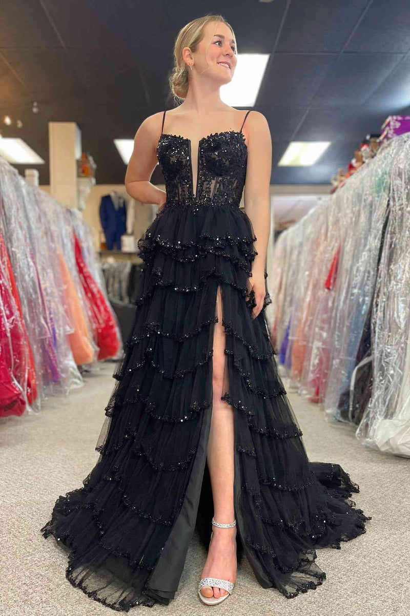 Black Tiered Prom Dresses Sequined