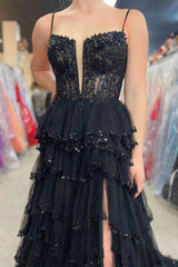 A Line Black Long Tiered Prom Dresses Sequined Layered Straps