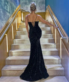 A Line Black Sequin Evening Dresses Mermaid V Neck Prom Dress Long