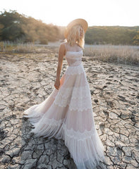 A Line Lace Boho Wedding Dress Beach Spaghetti Straps - MyChicDress