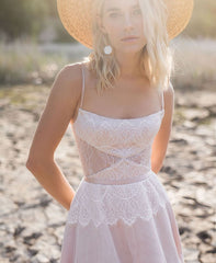 A Line Lace Boho Wedding Dress Beach Spaghetti Straps - MyChicDress