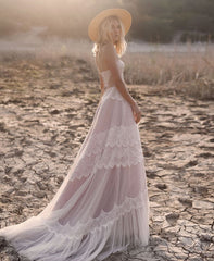 A Line Lace Boho Wedding Dress Beach Spaghetti Straps - MyChicDress