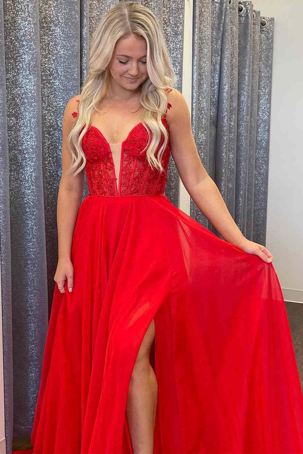 A Line Lace Long Formal Dresses Blue Prom Dress Bodice Beaded - MyChicDress