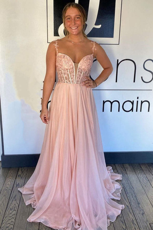 A Line Lace Long Formal Dresses Blue Prom Dress Bodice Beaded - MyChicDress