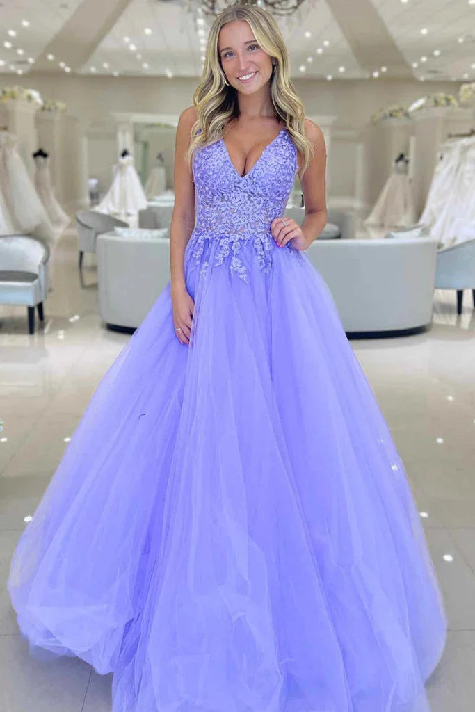 A Line Lavender Lace Prom Dresses V Neck Long Formal Evening Dress - MyChicDress