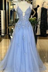 A Line Long Blue Lace Evening Dress V Neck with Beaded - MyChicDress