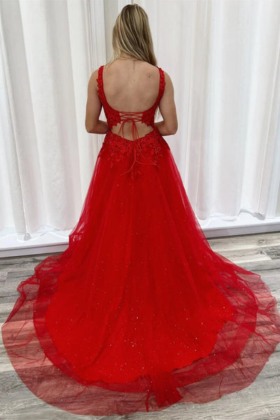 A Line Long Lace Floral Red Formal Dress Beaded Open Back - MyChicDress