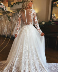A Line Long Sleeves Lace Floral Wedding Dresses with Button