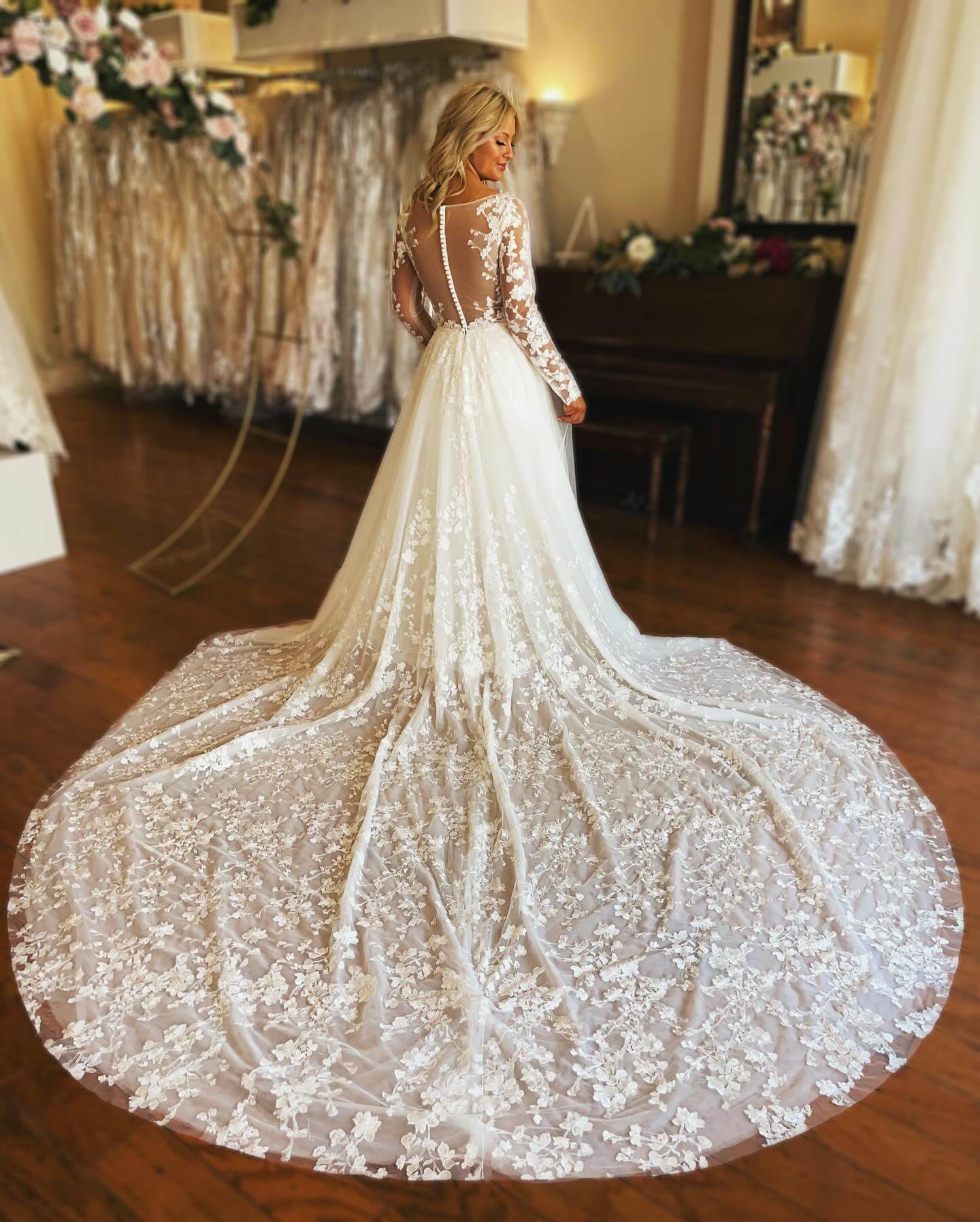 A Line Long Sleeves Lace Floral Wedding Dresses with Button - MyChicDress