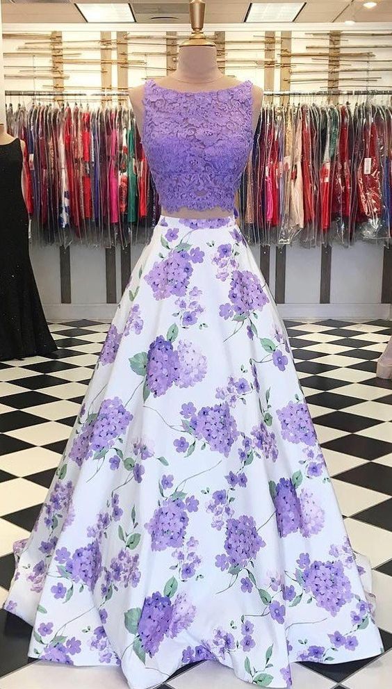 Purple Floral Lace 2Piece Prom Dresses