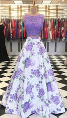 A Line Purple Floral Lace Two Piece Prom Dresses with Bowknot - MyChicDress