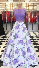A Line Purple Floral Lace Two Piece Prom Dresses with Bowknot