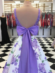 A Line Purple Floral Lace Two Piece Prom Dresses with Bowknot - MyChicDress