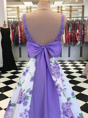 A Line Purple Floral Lace Two Piece Prom Dresses with Bowknot