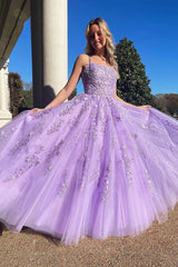 2024 A Line Purple Lace Violet Prom Dresses Open Back Long Formal Dresses