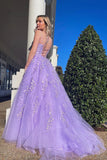 A Line Purple Lace Prom Dresses Open Back Long Formal Dresses