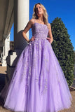 A Line Purple Lace Prom Dresses Open Back Long Formal Dresses