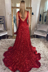 A Line Red Sequin Prom Dresses V Neck with Pockets