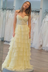 A Line Ruffles Yellow Tiered Formal Dress Sweetheart Appliques - MyChicDress