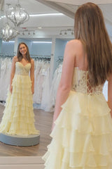 A Line Ruffles Yellow Tiered Formal Dress Sweetheart Appliques - MyChicDress