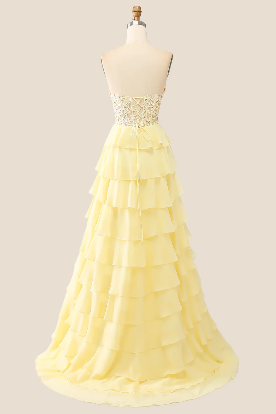 A Line Ruffles Yellow Tiered Formal Dress Sweetheart Appliques - MyChicDress
