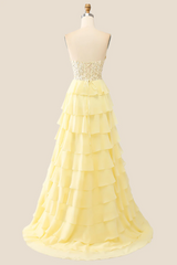A Line Ruffles Yellow Tiered Formal Dress Sweetheart Appliques - MyChicDress